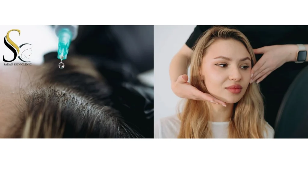 Doctor is doing Exosomes Therapy and girl is seaing himself face in the mirror