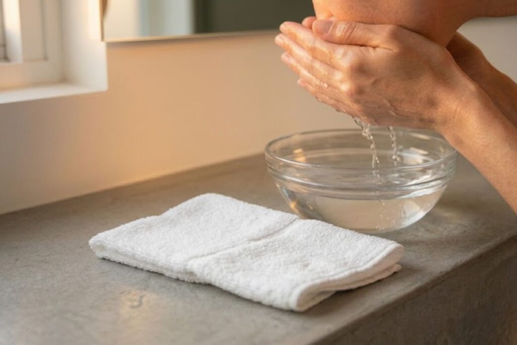 A girl wash own face at night